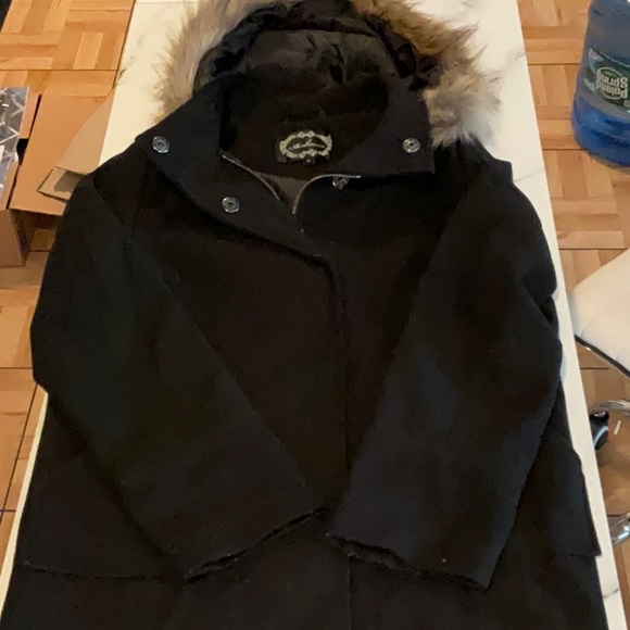 Ambience black pea coat with faux fur trimmed hood, medium. - Picture 4 of 5